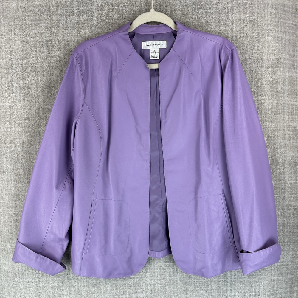 Preston & York Jacket Womens L Purple Leather Collarless Full Zip Short